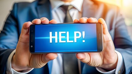 A Man in a Suit Holds a Phone Displaying HELP Text Urgently Seeking Assistance and Support in a Crisis