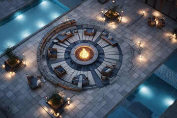 Obraz premium Elevated View of a Luxurious Outdoor Lounge with Fire Pit.