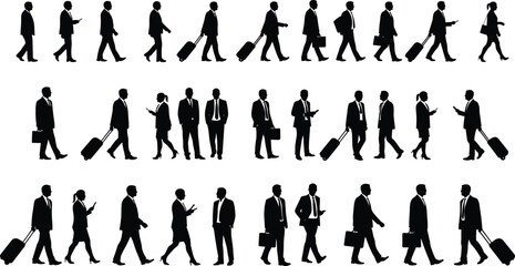 Silhouettes of business people walking, carrying briefcases and suitcases, professional attire, corporate travel, business communication, commuting, office workers, teamwork, business lifestyle