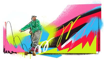 Bold colorful collage. Confident man skateboarding in green hoodie with vivid graffiti background. Concept of modern urban lifestyle, creativity, fashion movement and youth energy with bold confidence