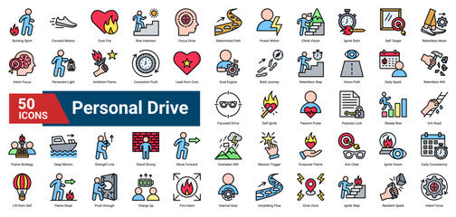  collection of Personal Drive icons. Containing inner fire, motivation, grit, resilience, intention, ambition, and forward motion. Ideal for self-growth and discipline themes.