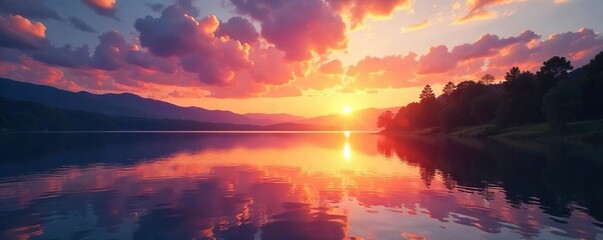 Serene lakeside scene at sunset, tranquil water reflecting vibrant sky, perfect for relaxation and mindfulness Ideal for promoting calm, peace, and well-being , horizon, reflection, peaceful scene