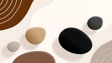 An arrangement of various geometric shapes, including spheres, circles, and ovals, in a minimalist, modern composition with a focus on texture, color, and form.