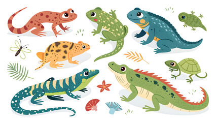 Charming collection of cute cartoon amphibians and reptiles in various poses and colors for kids