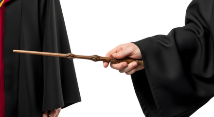 Close up of a wizards hand holding a magic wand.