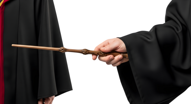 Close up of a wizards hand holding a magic wand.