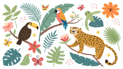 Fototapeta premium Vibrant tropical jungle scene with parrot toucan leopard and exotic flora butterflies for wildlife and nature designs