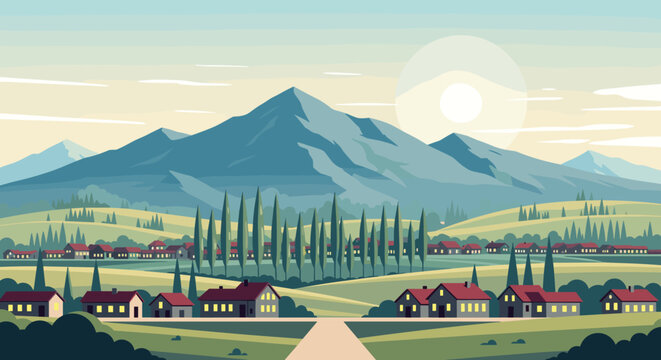 Serene village nestled among rolling hills and majestic mountains under a warm, sunny sky