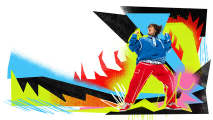 Surreal collage art. Joyful girl in blue sweater and red pants with graffiti background explosion. Concept of youth fashion, bold lifestyle, urban culture, self-expression, and creative joy.