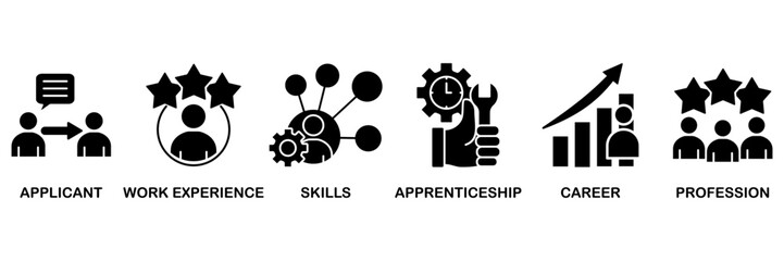 Traineeship icon set vector illustration concept for apprenticeship on job training program with icon of applicant, work experience, skills, internship, career, and profession