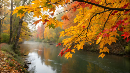 Autumn leaves flowing down a calm stream