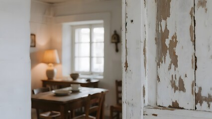 Rustic Dining Room with Peeling Paint and Natural Light