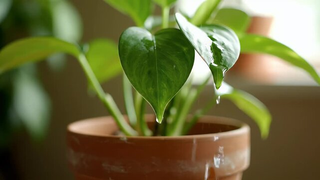 Close-up of a vibrant green Pothos plant with glistening water droplets on its leaves, captured in a rustic terracotta pot, symbolizing freshness a...