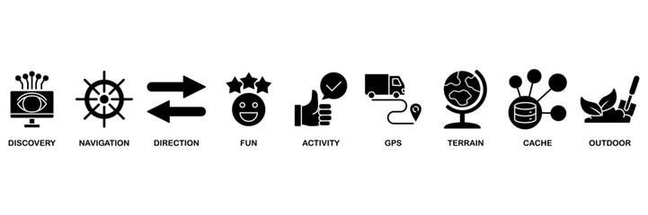 Geocaching icon set vector illustration concept for discovery, navigation, direction, fun, activity, gps, terrain, cache and outdoor © Roronoa15