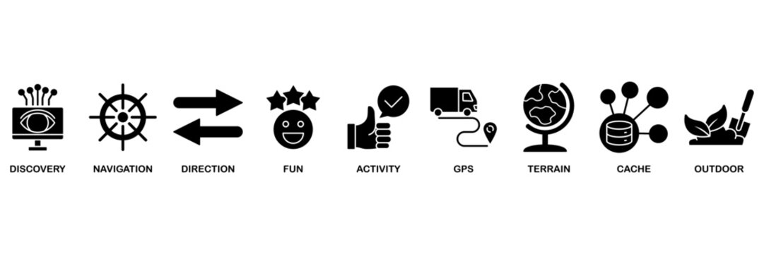 Geocaching icon set vector illustration concept for discovery, navigation, direction, fun, activity, gps, terrain, cache and outdoor