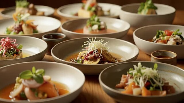 Culinary Masterpiece: Assortment of Gourmet Appetizers with Artistic Presentation on Modern Plates in a Fine Dining Setting