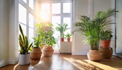 Fototapeta premium sunlit corner modern interior decorative plant pots bright airy space display pots