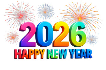 Vibrant 2026 happy new year celebration with colorful fireworks display dynamic typography transparent background