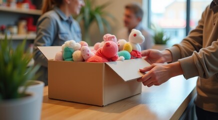 Someone is opening a box with a bunch of stuffed animals in it charity shop
