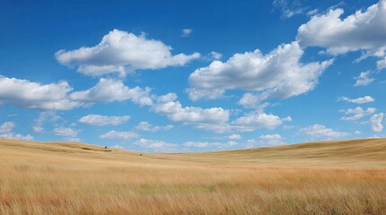 Obraz premium golden wheat field panorama with blue sky fluffy white clouds summer agriculture farmland rolling hills prairie grassland