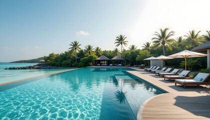 Fototapeta premium High-resolution photorealistic scene of a luxury resort pool in Maldives, crystal clear water, wooden deck, sun loungers, tropical greenery.