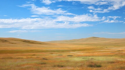 vast empty grassland prairie landscape with rolling hills golden grass blue sky and white clouds panoramic view