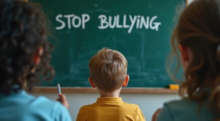 Children that are standing in front of a blackboard text stop bullying