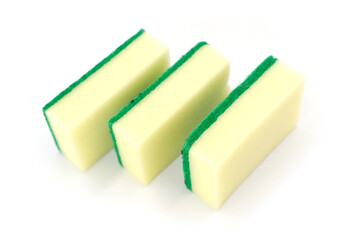 Three Yellow Dishwashing Sponges on White Background