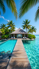 Fototapeta premium Private villa infinity pool in Maldives over water bungalow, crystal clear water, wooden deck, tropical palm trees, bright sunlight.