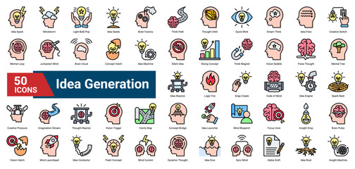 Obraz premium A collection of Idea Generation icons. Containing creativity, sparks, innovation, brain activity, mental flow, clarity, and thought processes. Ideal for ideation and planning visuals.
