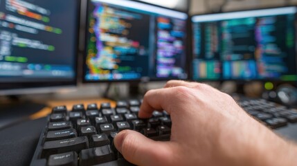 Focused keyboard hand typing deployment commands with blurred multiple monitors running pipeline scripts behind.