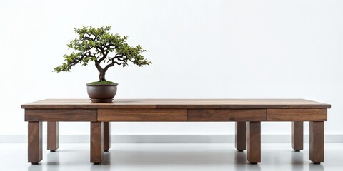 Minimal dark wood coffee table with potted bonsai, isolated on white, high-key minimalist interior style