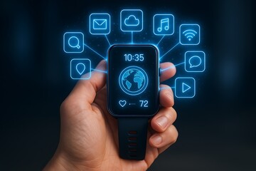 Smartwatch connected to cloud and digital icons