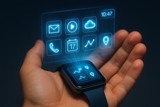 Futuristic holographic interface projected from smartwatch - Powered by Adobe