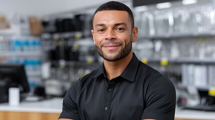 Fototapeta premium Portrait of a smiling, confident African American male employee in a technology retail store, offering friendly customer service and expertise.