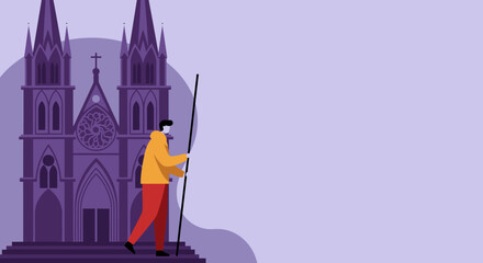 Man holding a staff stands before a grand gothic cathedral, embodying travel, exploration, or spiritual journey. Ideal for concepts of faith, history, or tourism.