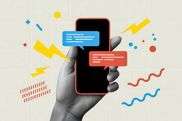 Mobile Messaging Illustration – Smartphone with Red and Blue Speech Bubbles and Abstract Communication Graphics