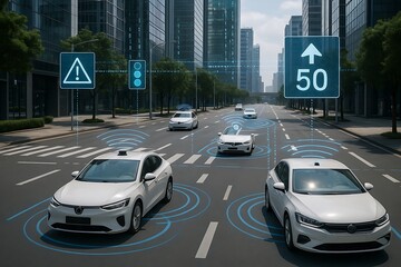 Autonomous vehicles navigating a futuristic city street with digital overlays