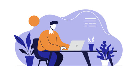 Professional man focused on his laptop, working efficiently from a modern desk. Illustrates remote work, online business, and productivity.