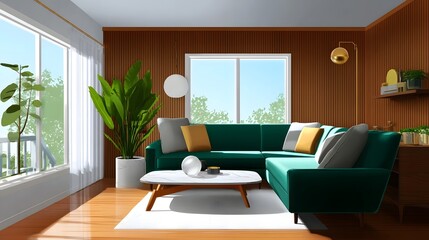 Fototapeta premium Cozy and inviting living room with a green velvet sofa, natural wood accents, and lush potted plants creating a calm and harmonious atmosphere