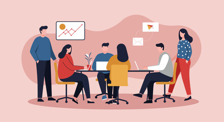 A diverse business team collaborates on a project in a modern office, fostering teamwork, communication, and digital strategy. Ideal for corporate and project management themes.