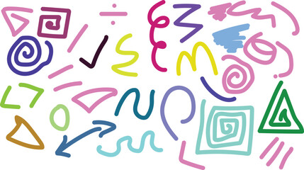 Assorted colorful hand drawn shapes and symbols scattered on a white background