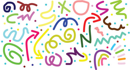 Colorful abstract doodle pattern with swirls arrows and confetti on white background