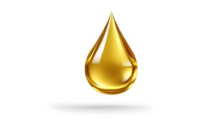 Fototapeta premium A golden, glossy oil drop in the shape of a geometric pyramid or tear suspended against a bright, clean white background