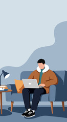 Focused man working remotely from the comfort of his home, sitting on a sofa with a laptop. Ideal for concepts of freelance work, online education, or modern lifestyle.