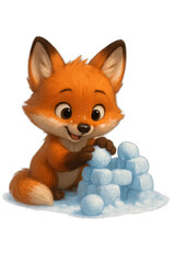 Obraz premium Playful fox cub building a small snow fort from round snowballs, big eyes and fluffy tail, on clean white background with copy space, cheerful childhood winter fun concept