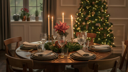 Elegant Christmas dinner table setting with lit candles, a poinsettia centerpiece, and a decorated tree in the background.