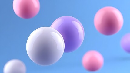 Whimsical array of pink, purple, and white balloons gently floating in a serene blue sky, creating a tranquil and ethereal scene.