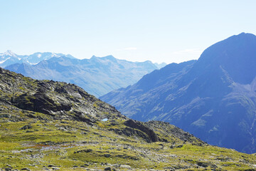 Fototapeta premium The view opening from the high hiking way from Tiefenbach glacier to Vent in Oetztal valley in the Austrian Alps 