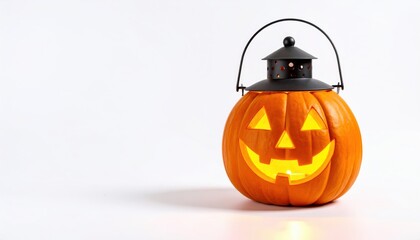 Carved spooky orange Halloween pumpkin jack-o-lantern with a smiling face isolated on black